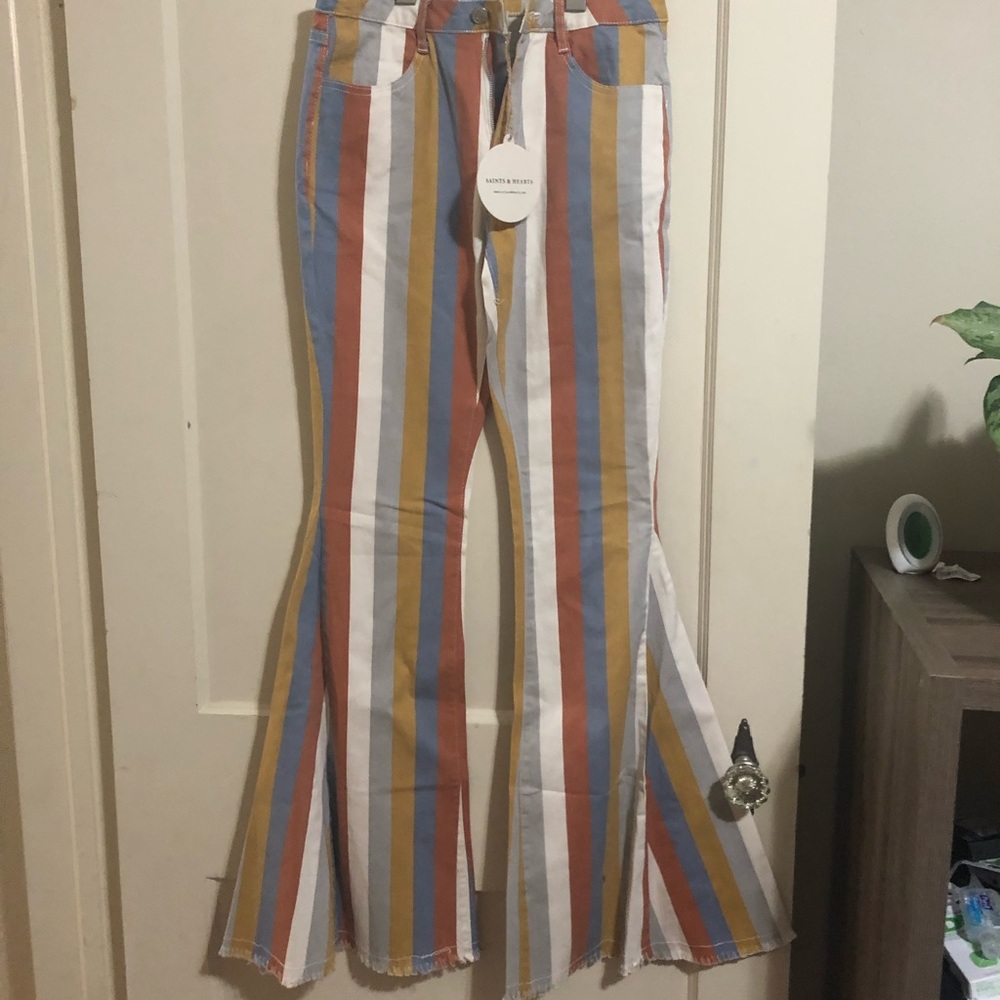 Striped High Rise Fringe Bell Bottom Jeans - Picture 6 of 6
